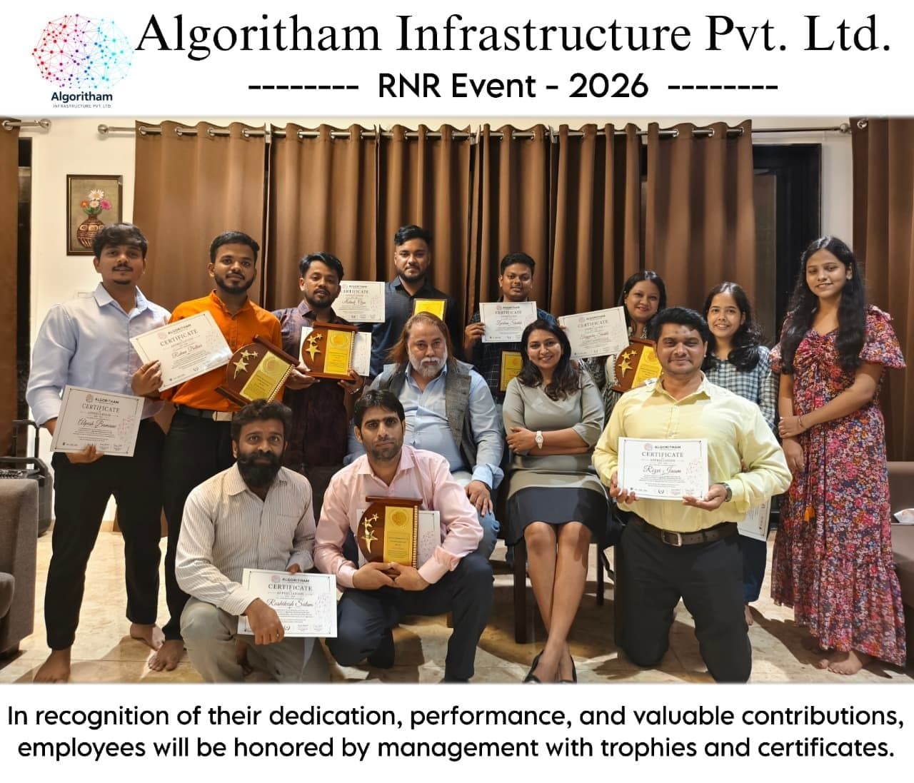 Algoritham Infrastructure RNR Event 2026 — employees holding recognition certificates and trophies
